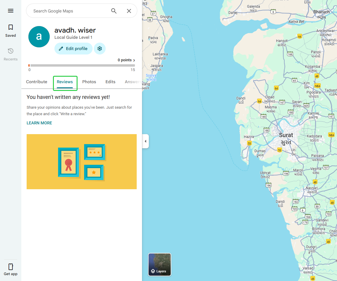 Open the Reviews tab in Google Maps contributions