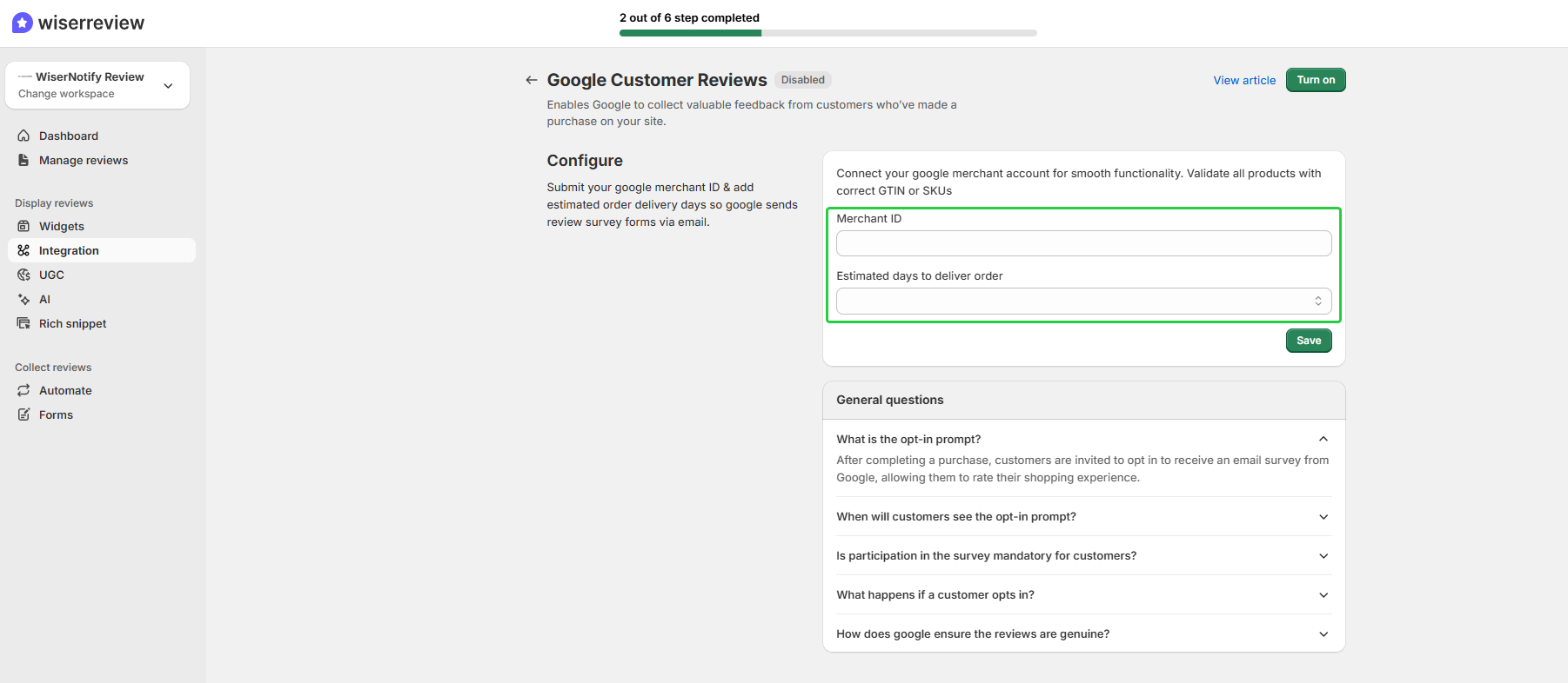 Save and enable Google Customer Reviews