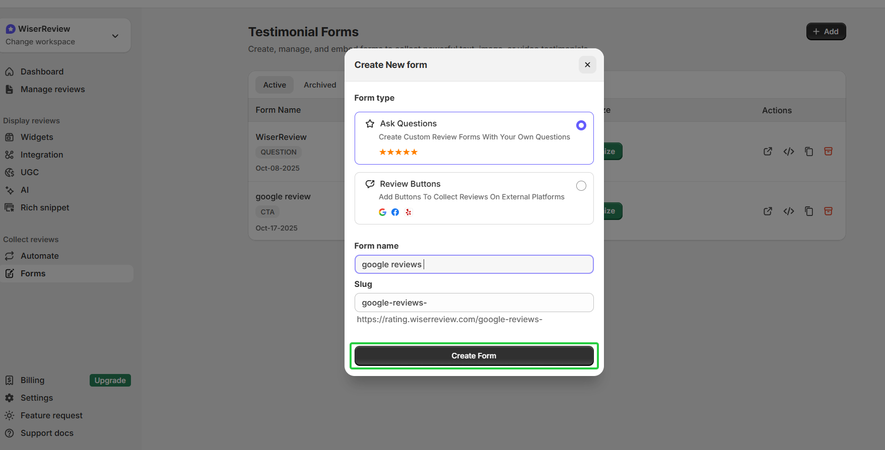 google review forms in WiserReview