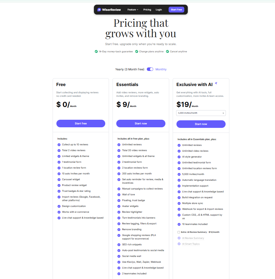 WiserReview pricing 