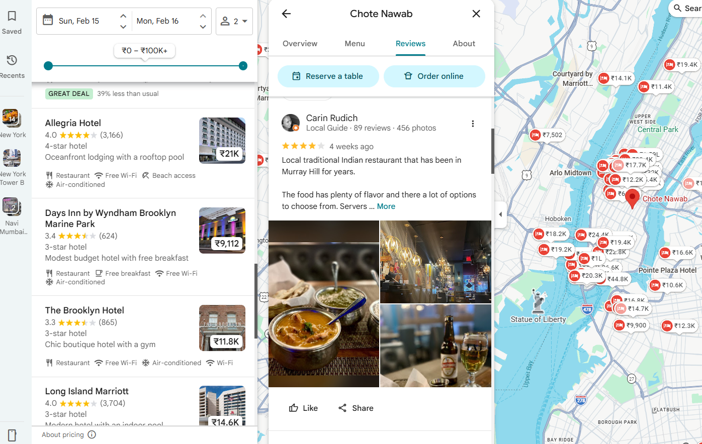 Google reviews for restaurants and hotels