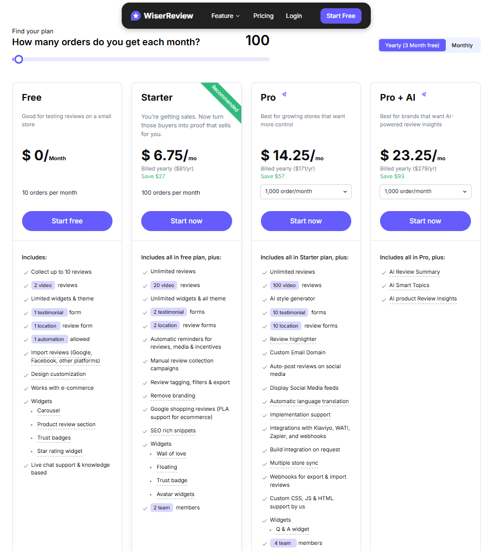 WiserReview pricing page