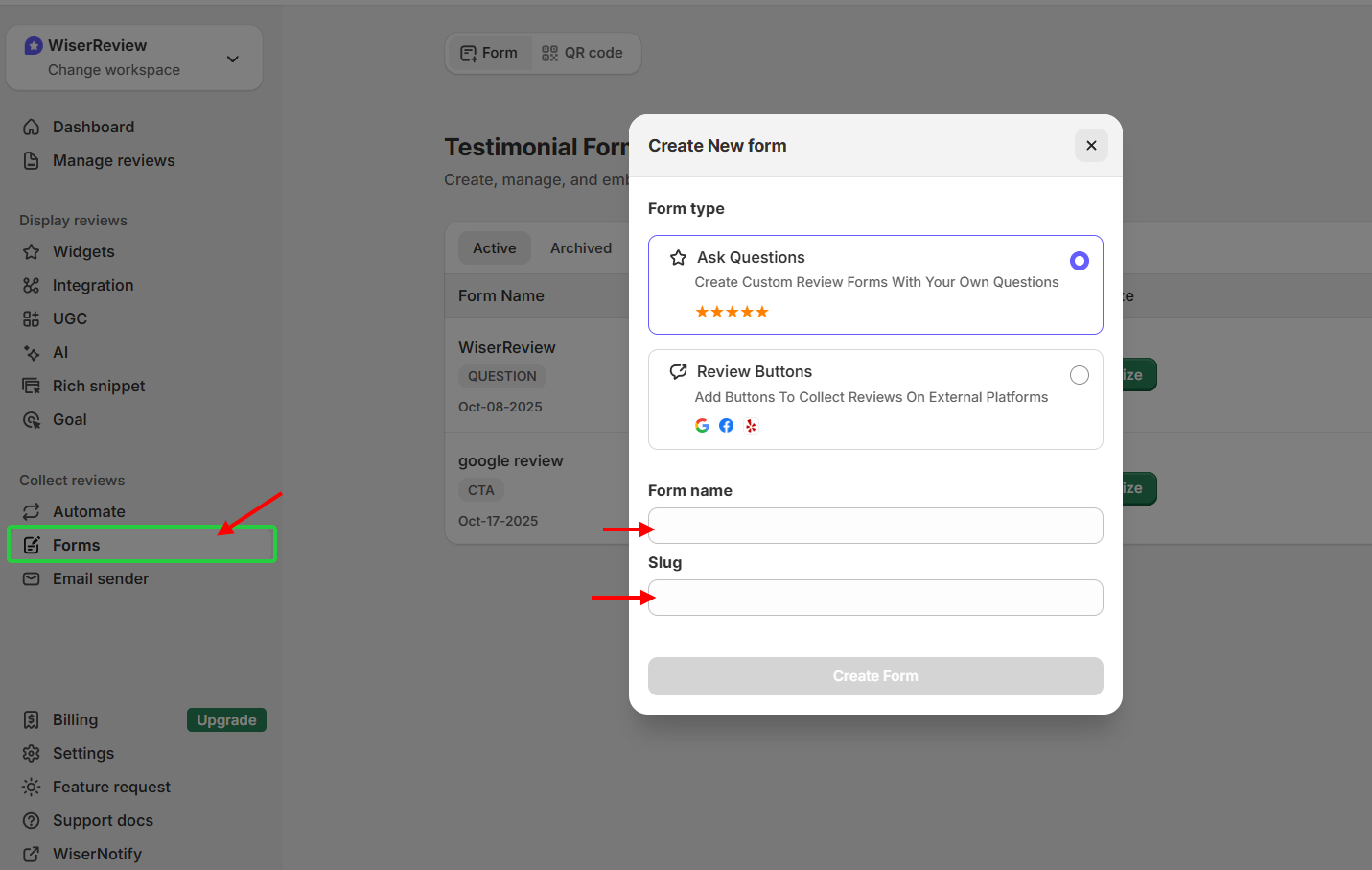 create a review form in WiserReview