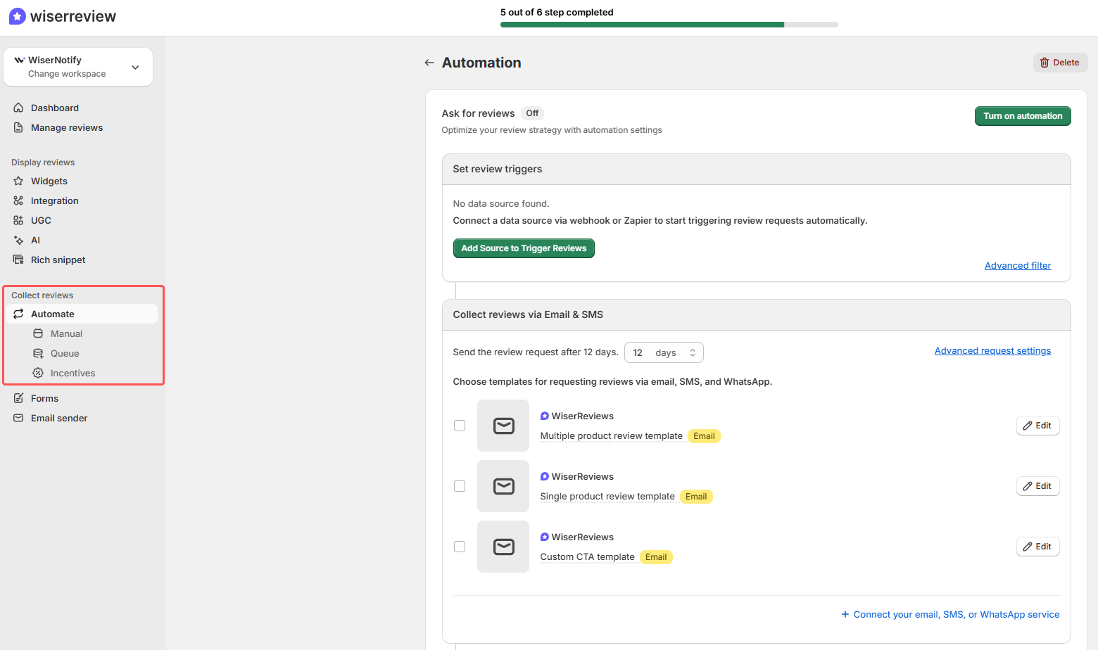 automate review requests in WiserReview