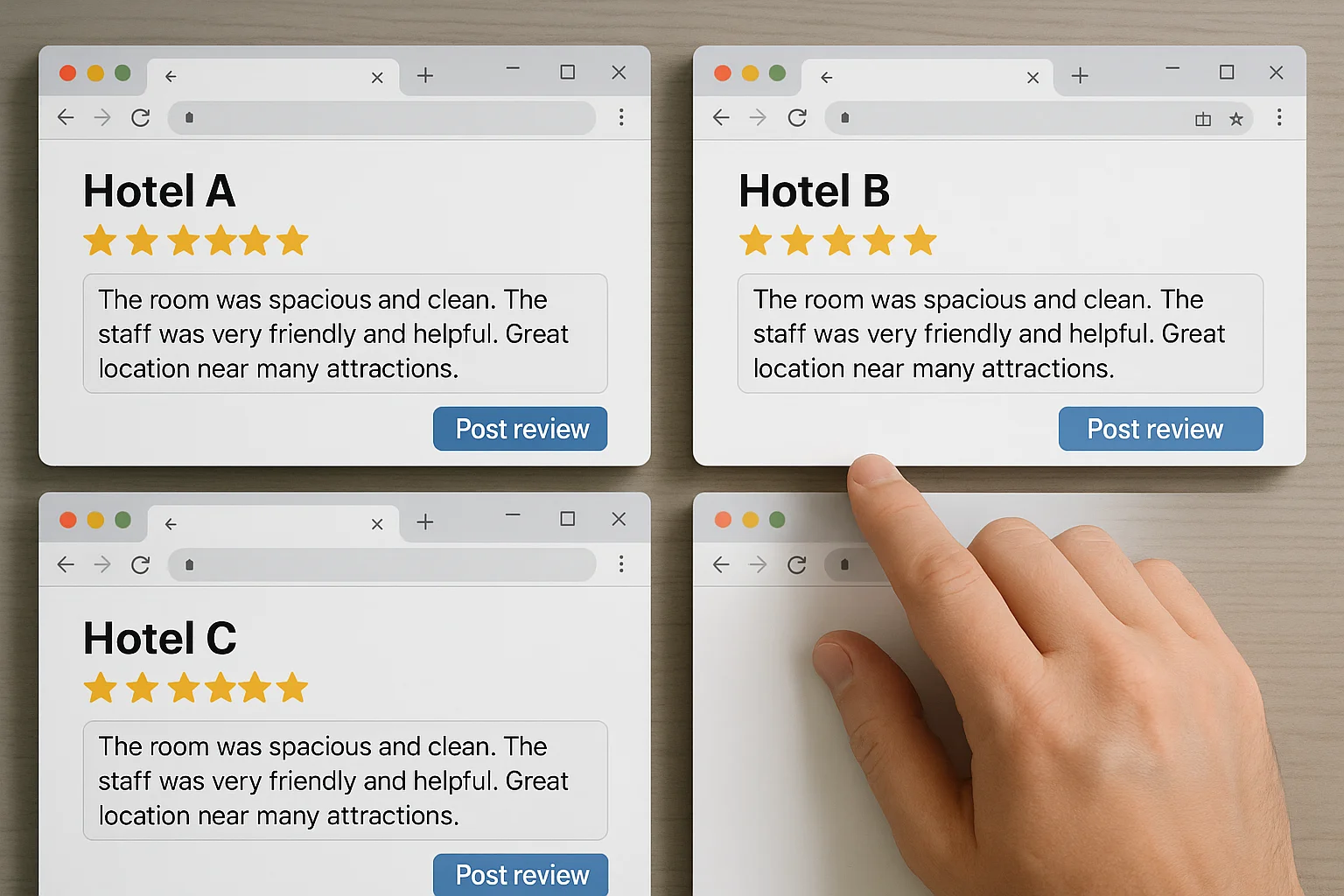 identical reviews across multiple listings