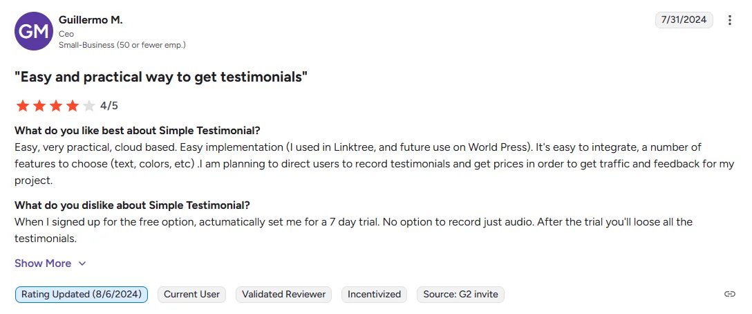 SimpleTestimonial G2 Reviews
