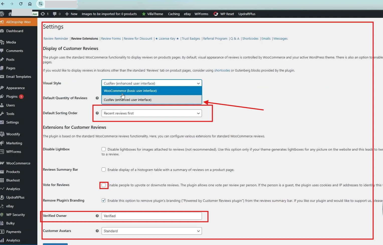 CusRev Review Display & Visual Settings